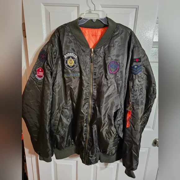 Phat Farm Mens 5XL Military Bomber Jacket Green Nylon Orange Liner Streetwear - Picture 2 of 7